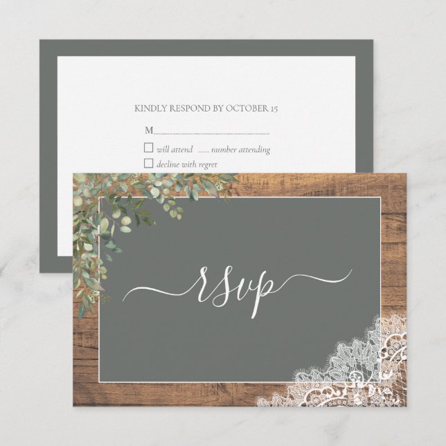 Sage Green Eucalyptus Script Lace Wood RSVP (Anverso / Reverso)