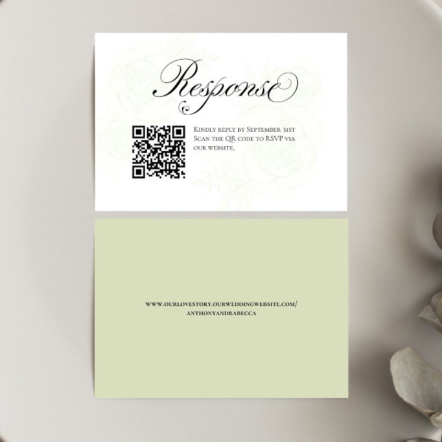 Sage Green Floral Wedding QR Code RSVP Insert (Elegant sage green floral QR code RSVP card with modern script and easy scan response)