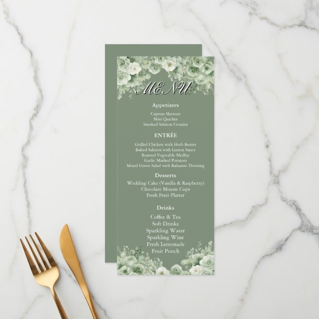 Sage Green Floral Wreath Wedding Reception Menu (Anverso/Reverso In Situ)