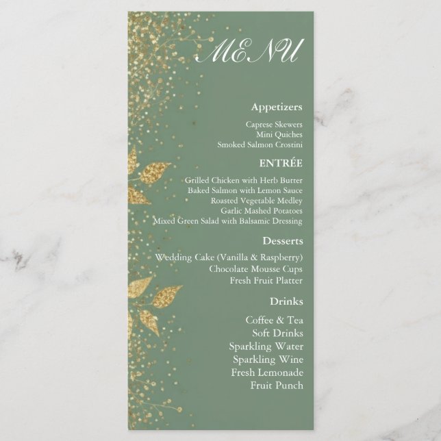 Sage Green Gold Botanical Wedding Reception Menu  (Anverso)