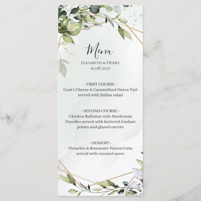 Sage green gold eucalyptus geometric wedding menu (Anverso)