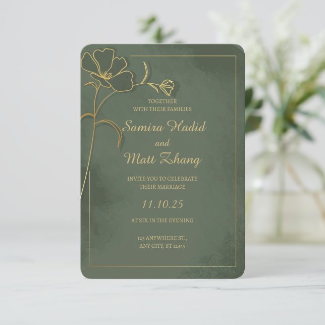 Sage Green Gold Floral Elegant Wedding Invitation (Anverso de pie)