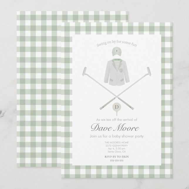 Sage green Golf Tema ducha bebé Invitación (Anverso / Reverso)