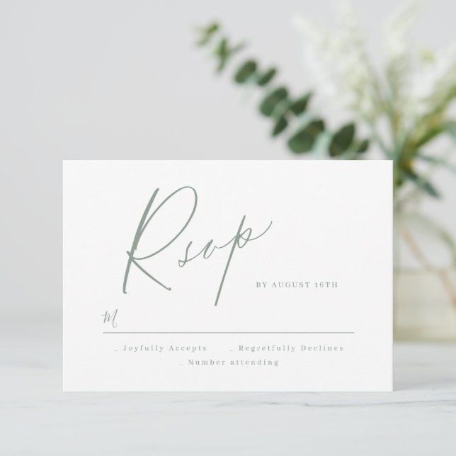Sage Green guión moderno boda minimalista RSVP (Anverso de pie)