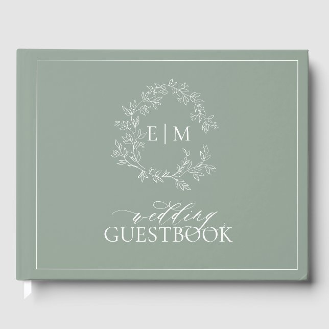 Sage Green Leafy Escudo Monograma Boda Libro de in (Anverso)