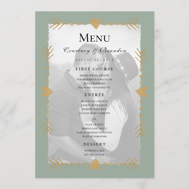 Sage Green Modern Photo Gold Hearts Menú Boda (Anverso)