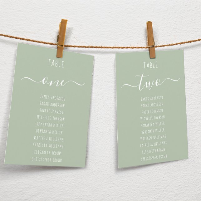 Sage Green Modern White Script Seating Chart Card (Subido por el creador)