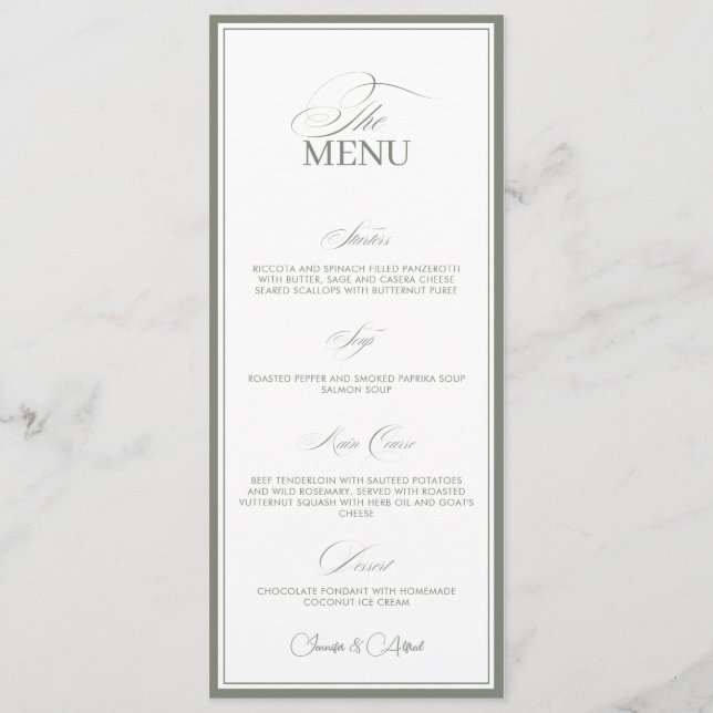 Sage Green Old Money Wedding Red Dinner Menu Card (Anverso)