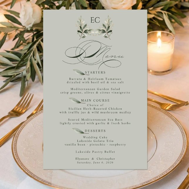 Sage Green Olive Branch Monogram Wedding Menu (Subido por el creador)