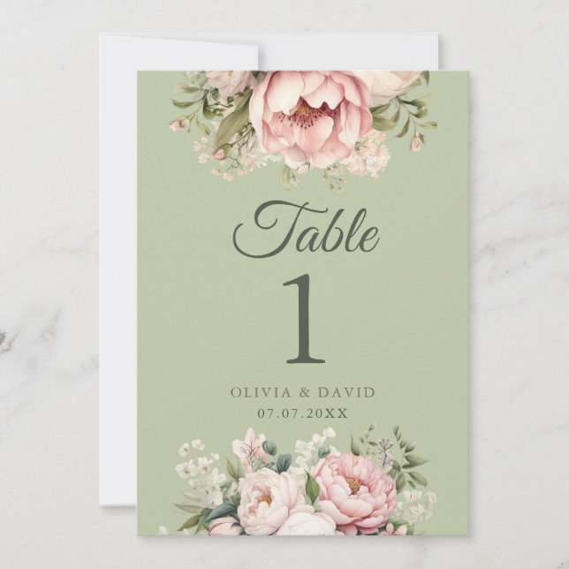 Sage Green Peony Floral Wedding Table Number (Anverso)