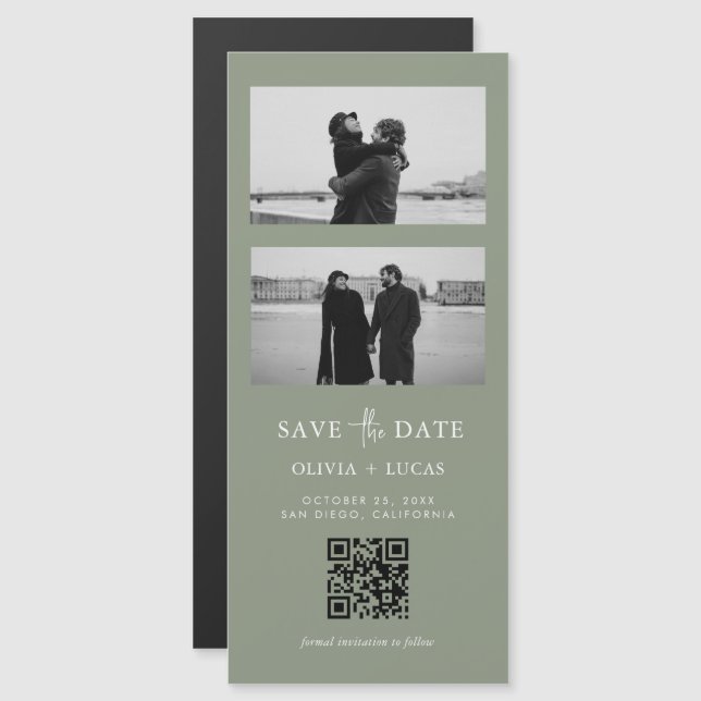 Sage Green QR Code Photo Strip Magnetic Boda (Anverso/Reverso)