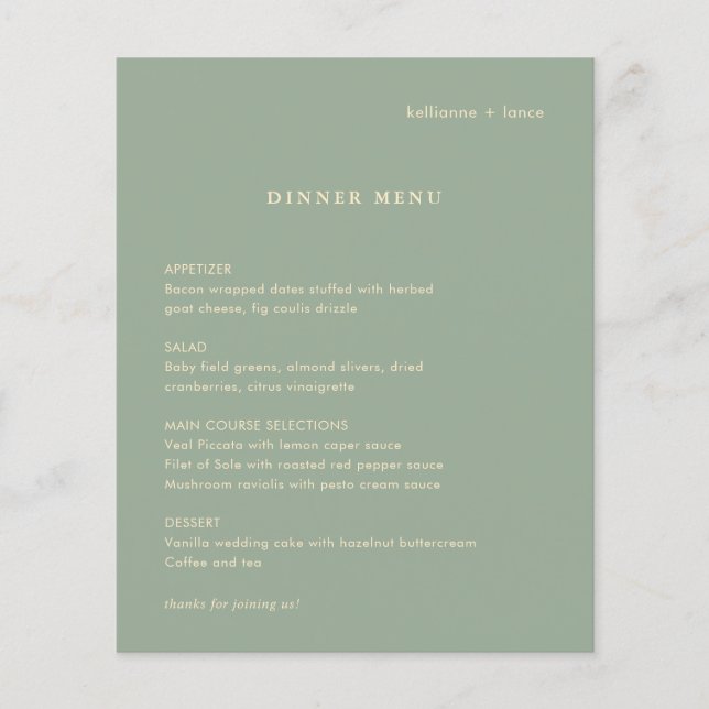 Sage Green Simple Modern Budget Wedding Menu (Frente)