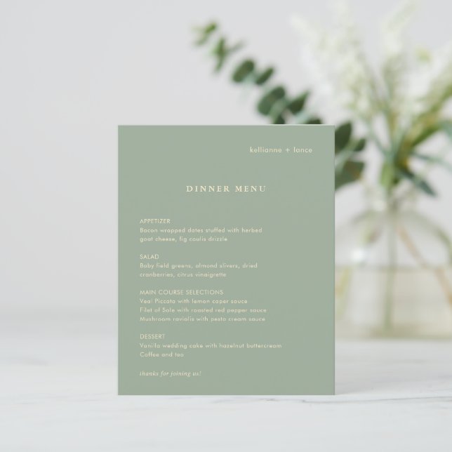 Sage Green Simple Modern Wedding Menu (Anverso de pie)