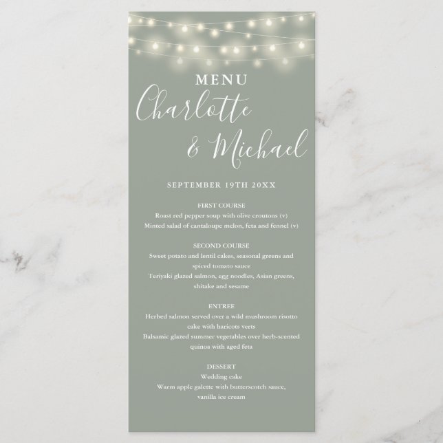 Sage Green String Lights Signature Menu (Menú Boda (Anverso)