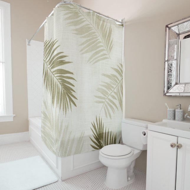 Sage Green Tropical Bohemira Cortina de Ducha (In situ)