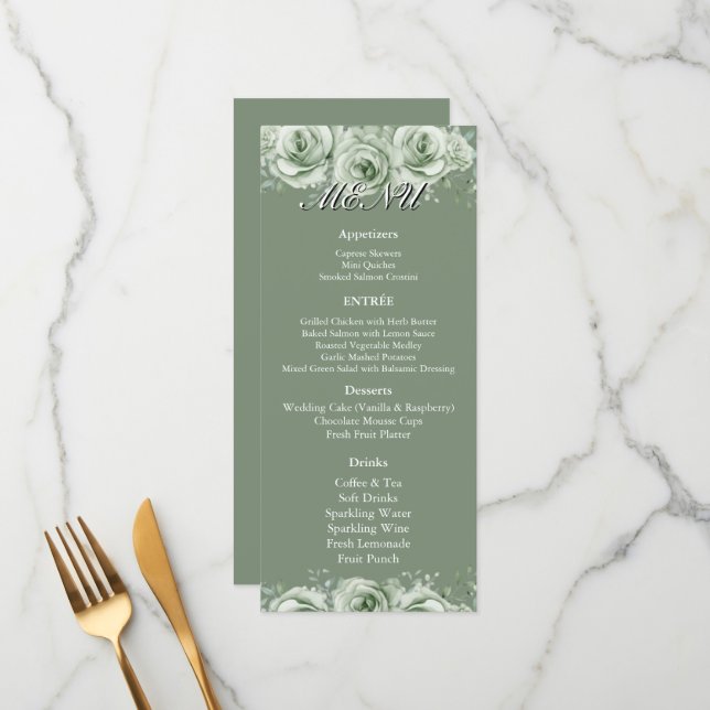 Sage Green White Floral Wedding Reception Menu  (Anverso/Reverso In Situ)
