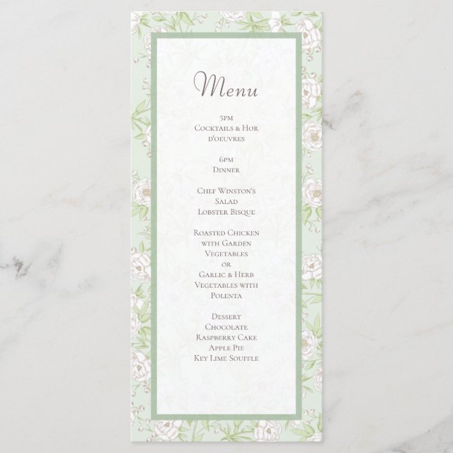 Sage Green White Rose Wedding Menus (Anverso)