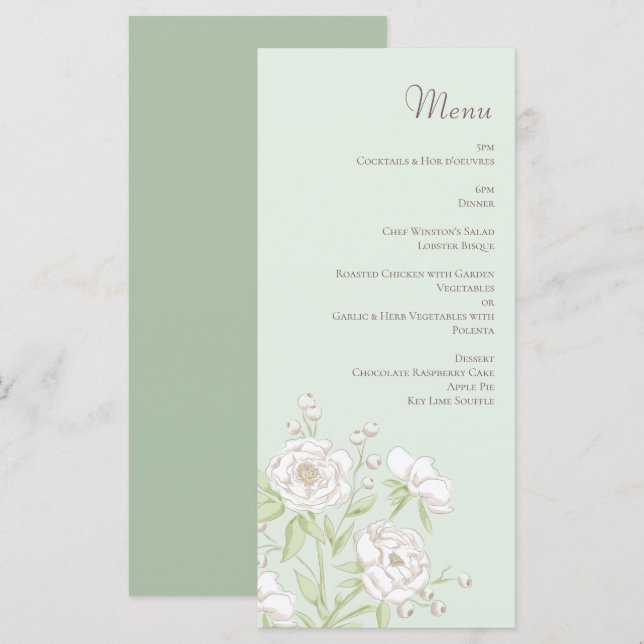 Sage Green White Rose Wedding Menus (Anverso / Reverso)