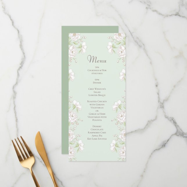 Sage Green White Rose Wedding Menus (Anverso/Reverso In Situ)