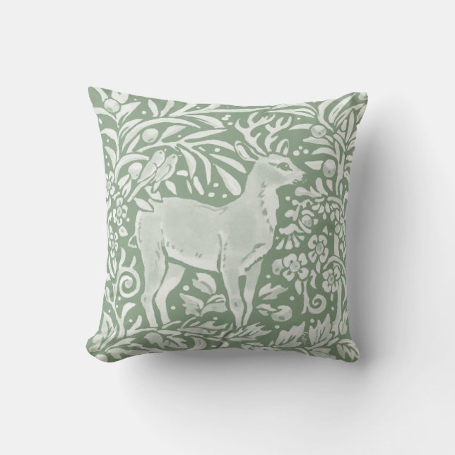 Sage Green Woodland Deer Bird Cojín decorativo Nat (Anverso)