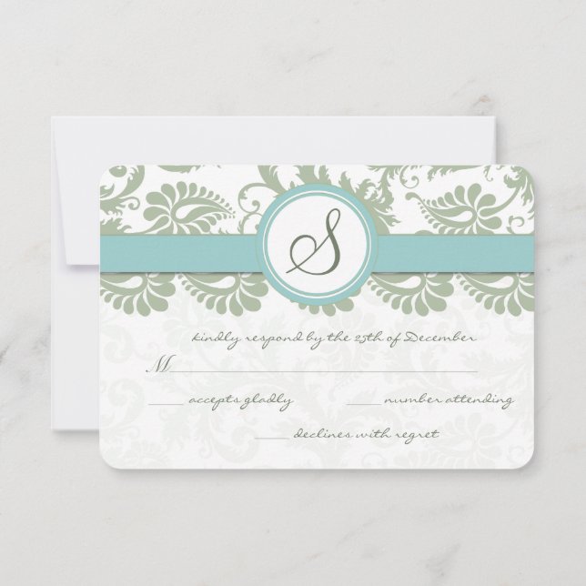 Sage Green y Aqua Damask Wedding RSVP (Reverso)
