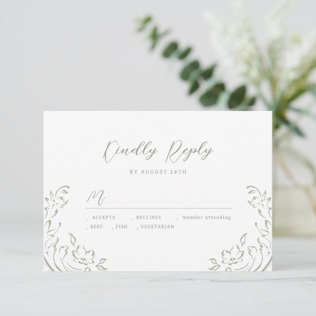 Sage Sketched Vintage Flourish Wedding RSVP (Anverso de pie)