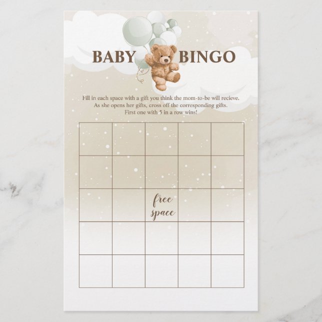 Sage Teddy Bear BINGO Baby Shower Games Flyer (Frente)