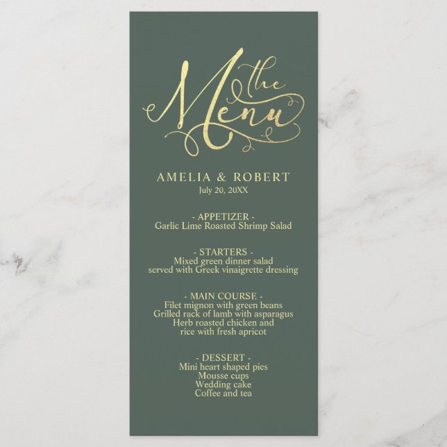 Sage Whimsical Elegant Gold Calligraphy Menu (Anverso)
