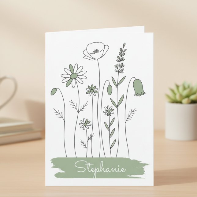 Sage Wildflower – Minimalist Gift for Her (Simple line art wildflower personalized notecard)