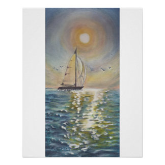 Sailboat Sea Sun Reflection Glossy Poster 20x25