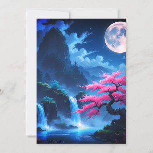 Sakura y cascada iluminados por la luna Tarjeta de
