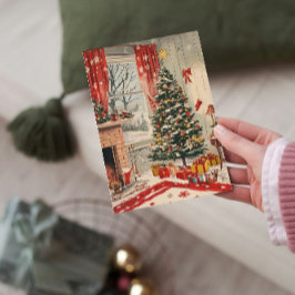 Sala de estar vintage de Navidad con hogar festivo