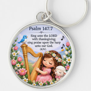 Salmo 147:7 Música Cristiana Arpa Llavero Floral