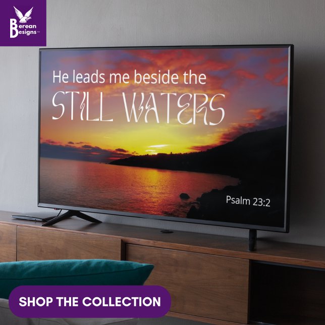 Salmo 23 TODAVÍA AGUAS Arte de marco cristiano par (Christian Psalm 23 Still Waters wall art for display TV with peaceful seascape and Bible text.)