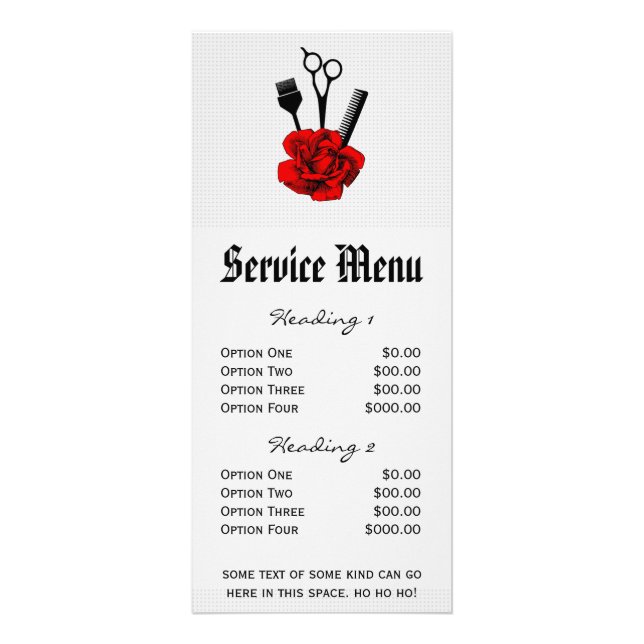 salón de moda menú de servicio mod rosa rojo tijer (Frente)