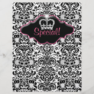 Salón Flyer Floral Damask Negro Blanco Rosa Corona