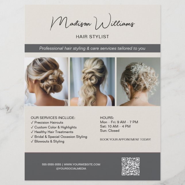Salón Hair Stylist Hairdresser 3 Fotos QR Flyer (Frente)