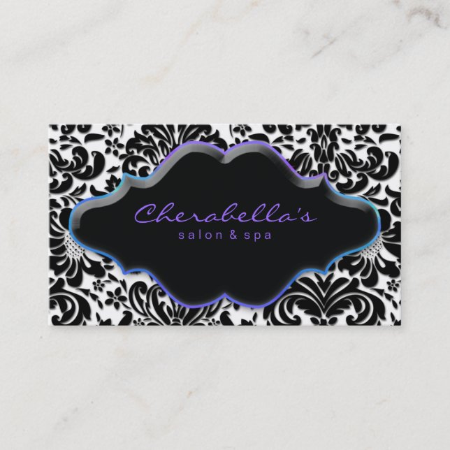 Salon Spa tarjeta de visita Blue Purple Damask (Anverso)
