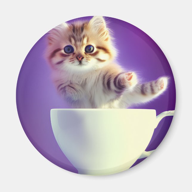 Saltando gatito en una taza de té - imán para gato (Frente)