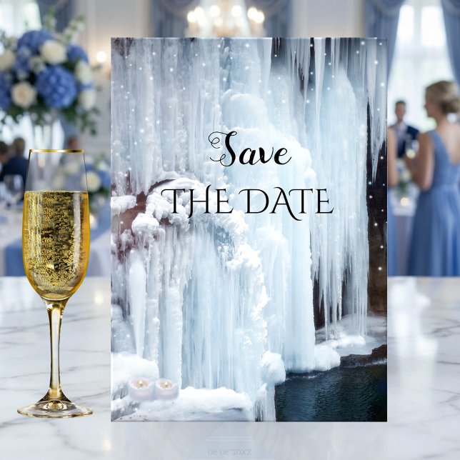 Salto de la tarjeta de fecha para la boda de invie (Winter wedding Save the Date card featuring a frozen waterfall with sparkling light snow flakes)