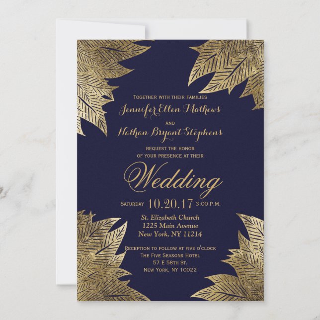 Saltos de oro en las invitaciones a la boda azul d (Anverso)