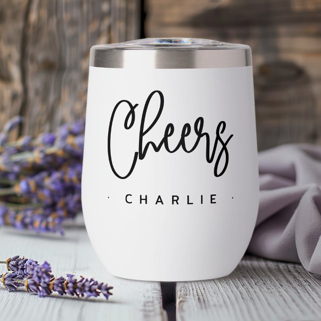 Saluda el nombre personalizado del guión moderno (Cheers modern script custom name thermal wine tumbler)