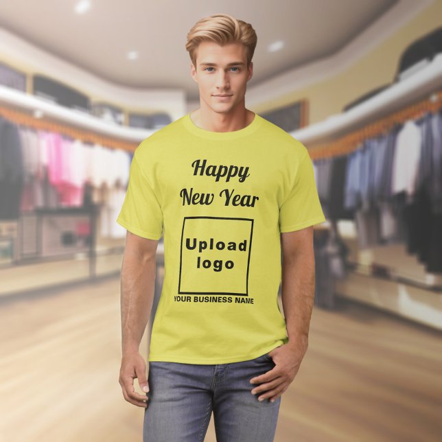 Saludo de año nuevo de negocios en camiseta amaril (Business name and logo with New Year greeting on yellow t-shirt)