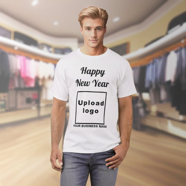 Saludo de año nuevo de negocios en camiseta blanca (Business name and logo with New Year greeting on white t-shirt)