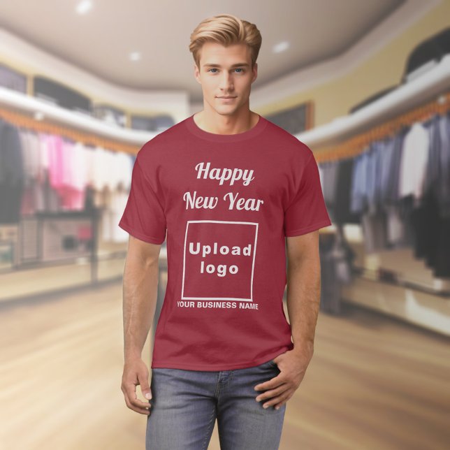Saludo de año nuevo de negocios en camiseta de mar (Business name and logo with New Year greeting on maroon t-shirt)