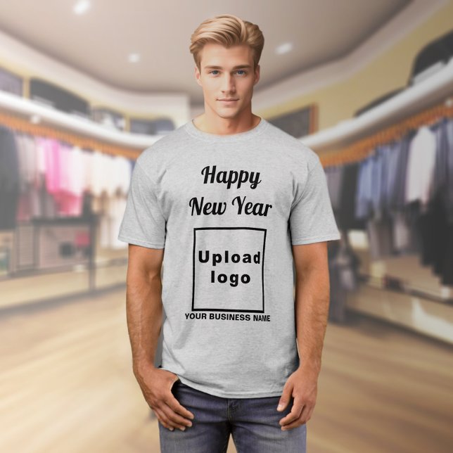 Saludo de año nuevo de negocios en camiseta gris (Business name and logo with New Year greeting on gray t-shirt)
