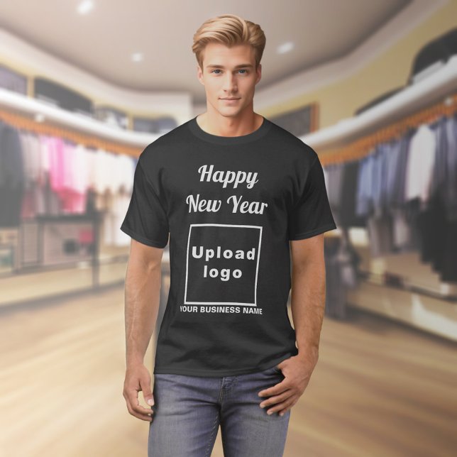 Saludo de año nuevo de negocios en camiseta negra (Business name and logo with New Year greeting on black t-shirt)