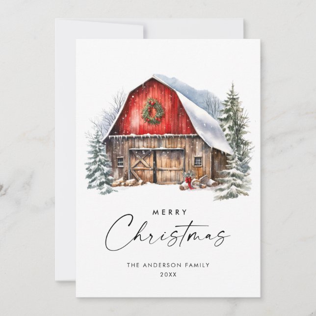 Saludo de Árbol de Navidad Retro Red Farm Barn (Anverso)