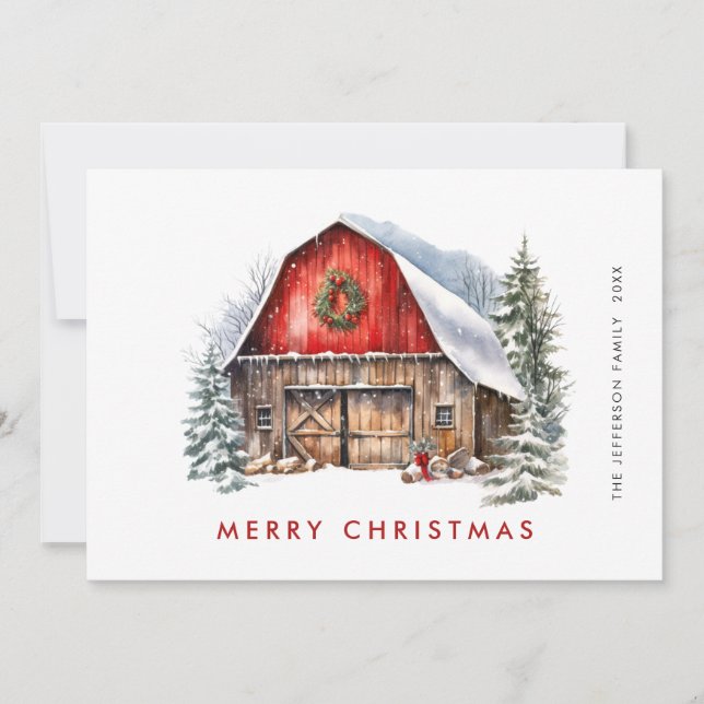 Saludo de Árbol de Navidad Retro Red Farm Barn (Anverso)