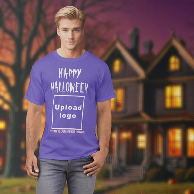 Saludo de Business Halloween con camiseta morada (Halloween greeting, business name and logo on purple t-shirt)